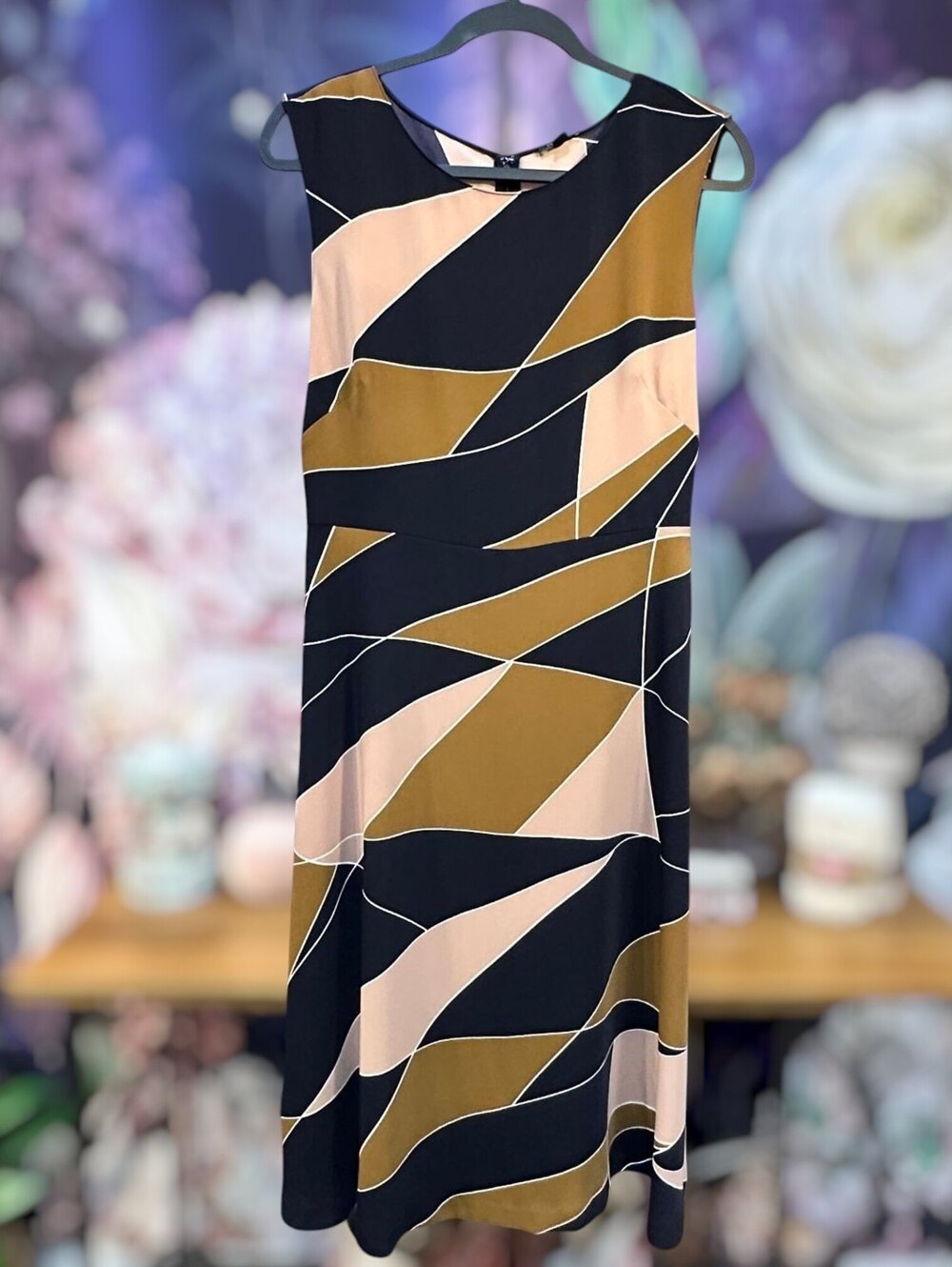 Ann Taylor 8P Belted Navy Sleeveless Midi Dress Geometric Colorblock Art Deco